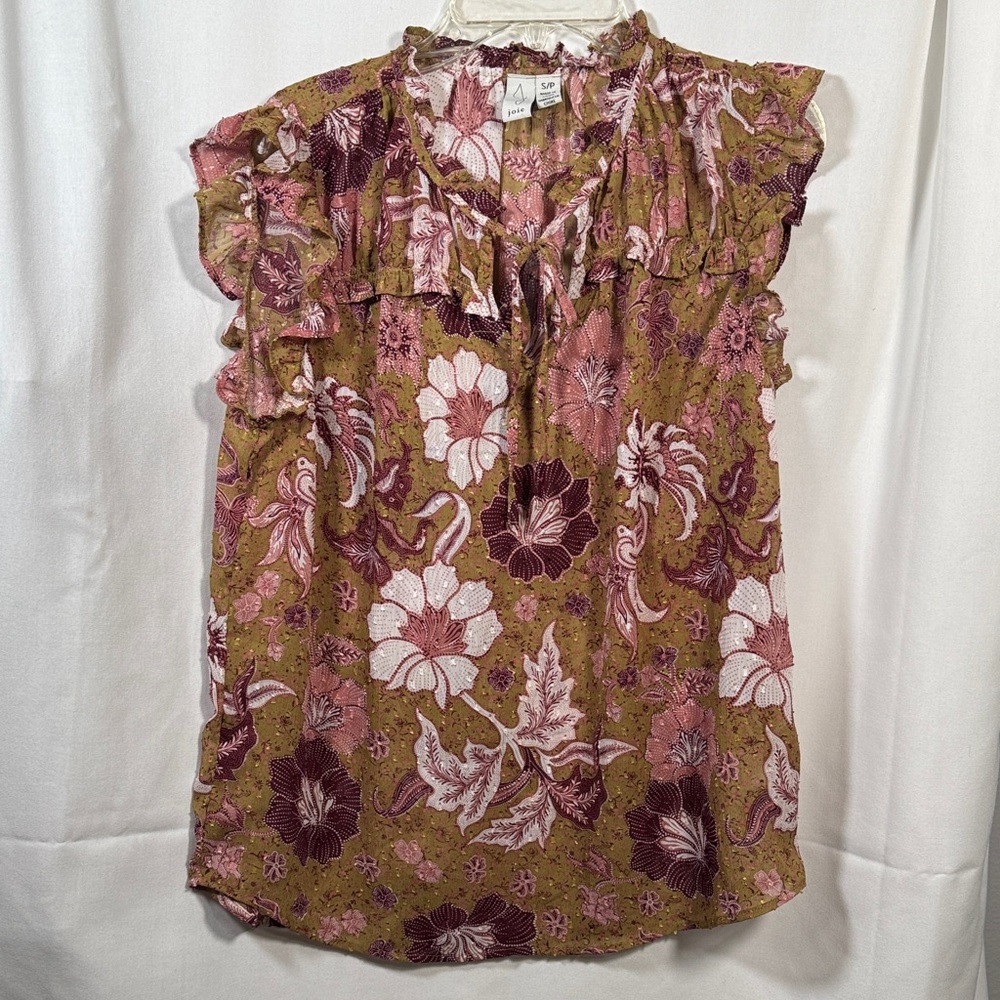Joie Floral Ruffle Sleeveless Blouse Metallic Clip Dot Shimmer Top S/P Small